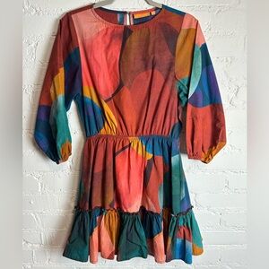 Tuckernuck Oliphant Dress | Long Sleeve Colorful Abstract Ruffle Dress Size XS